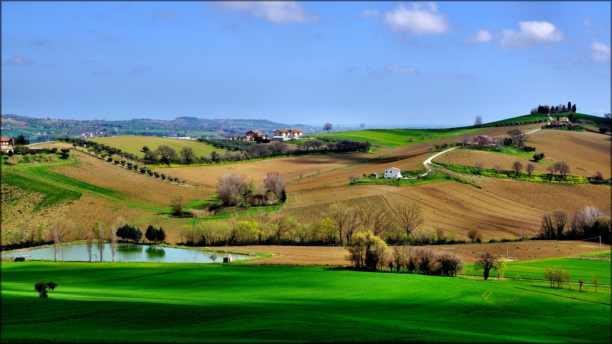 himmel hügel felder gras bäume haus teich