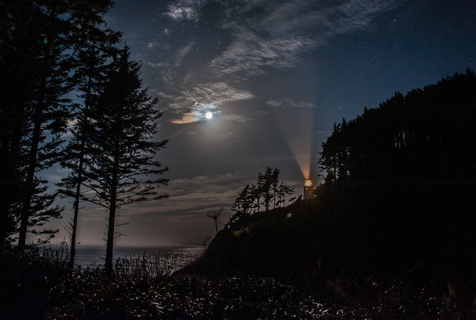 nacht himmel wolken mond rock bäume meer leuchtturm