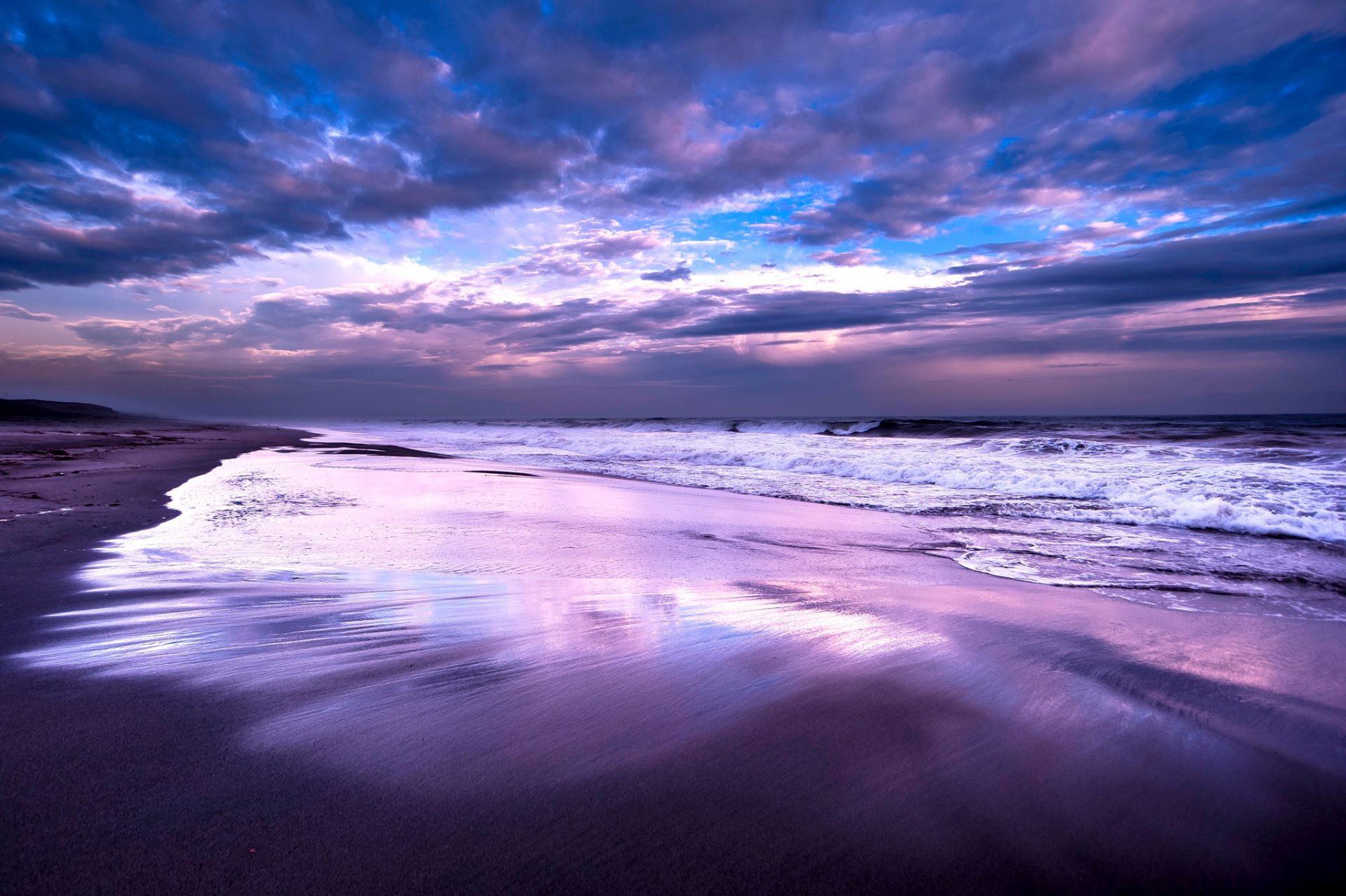 ea ocean shore surf evening blue lilac sky clouds cloud