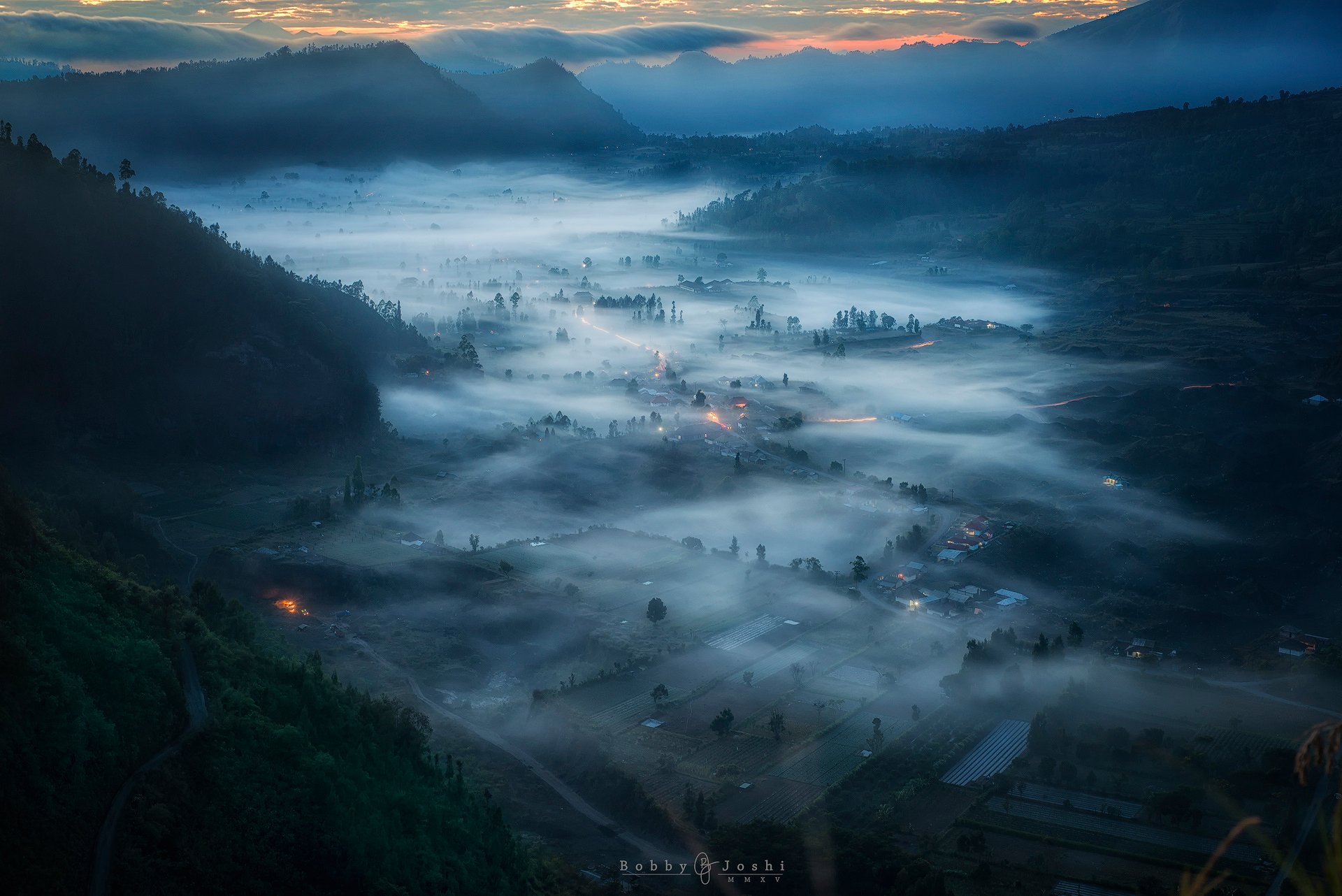 indonesia bali morning mountain valley fog