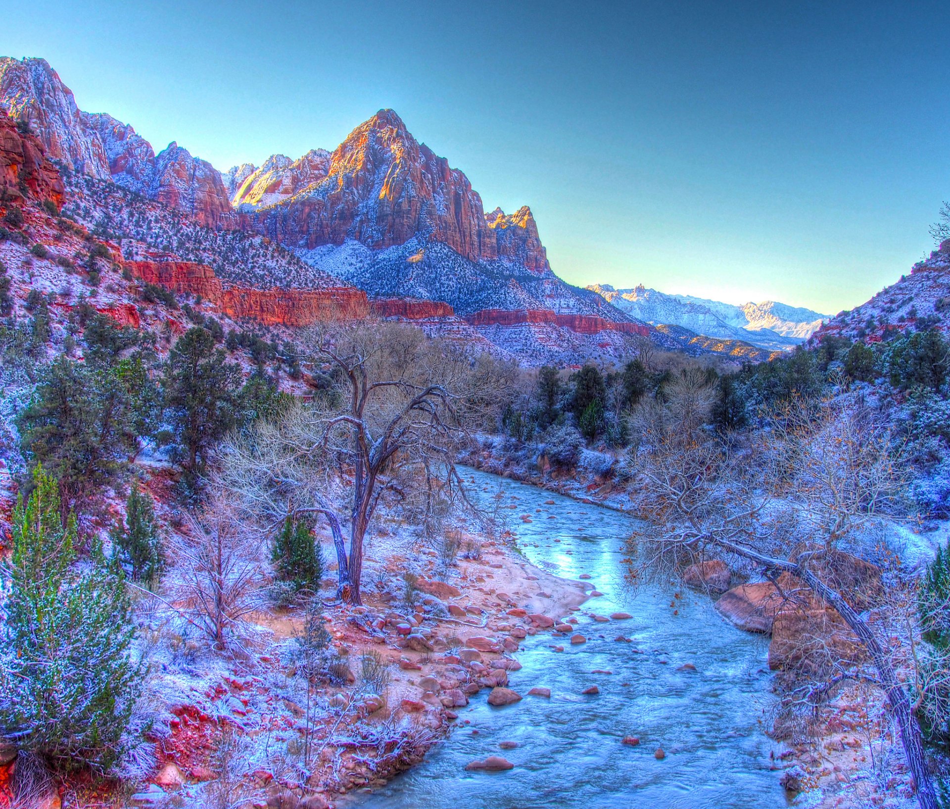 parque nacional de zion utah estados unidos cielo montañas invierno nieve río