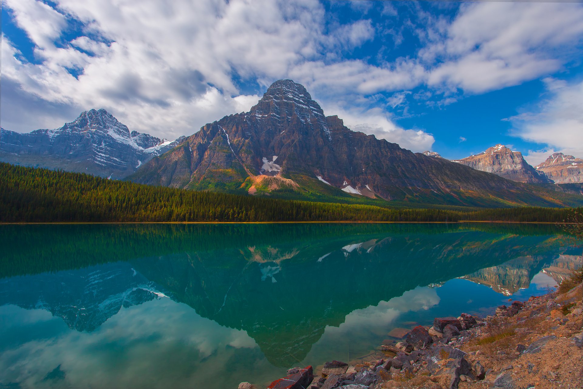 alberta canada sky mountain forest tree reflection stone