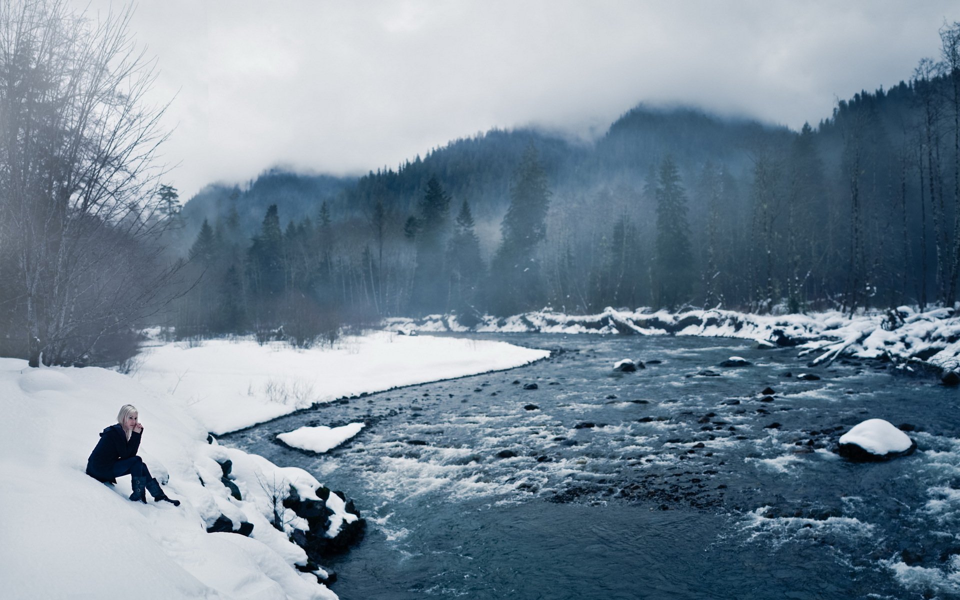 girl river winter landscape mood