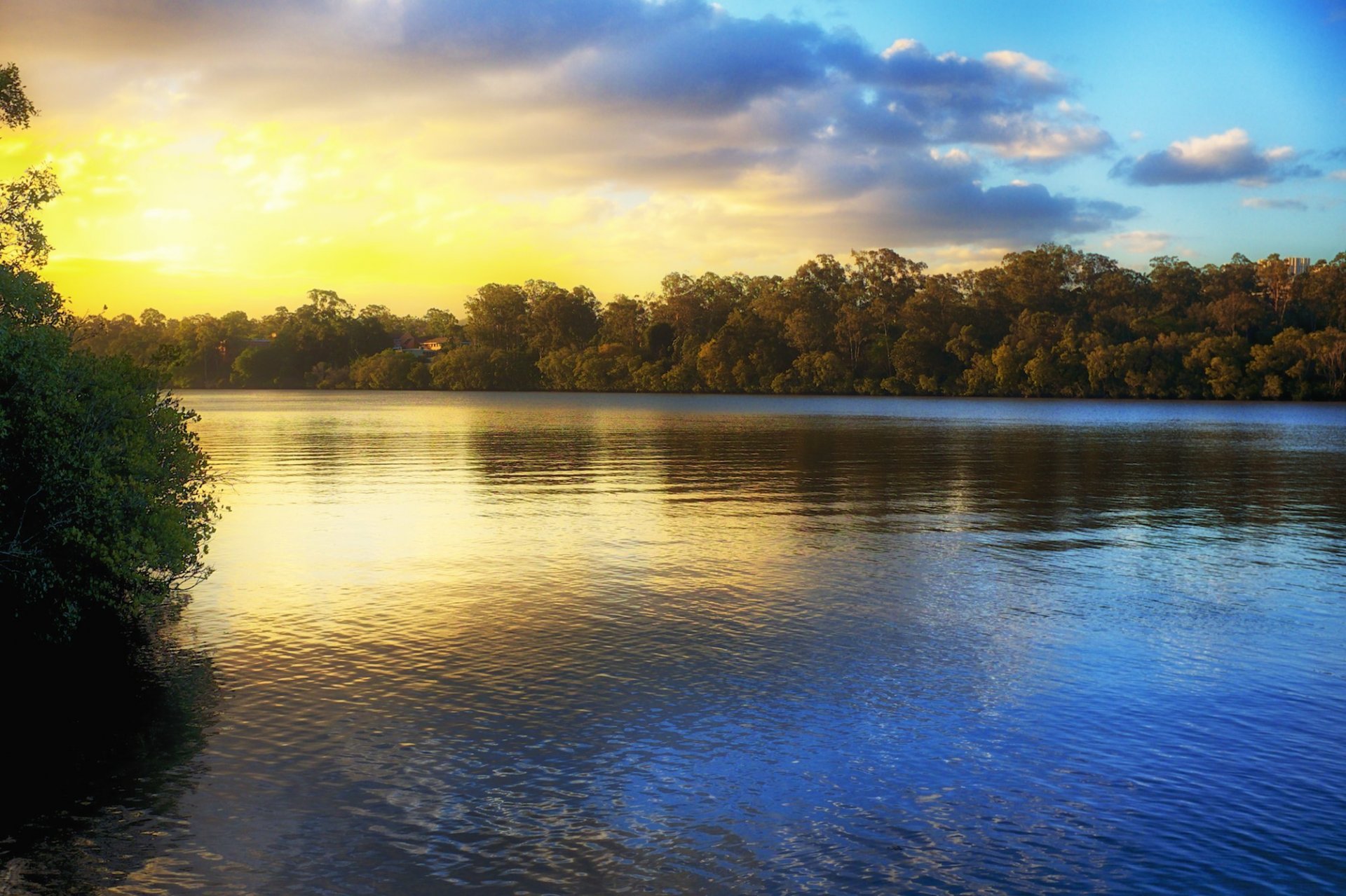 paisaje naturaleza agua reflexión puesta de sol cielo árboles hojas