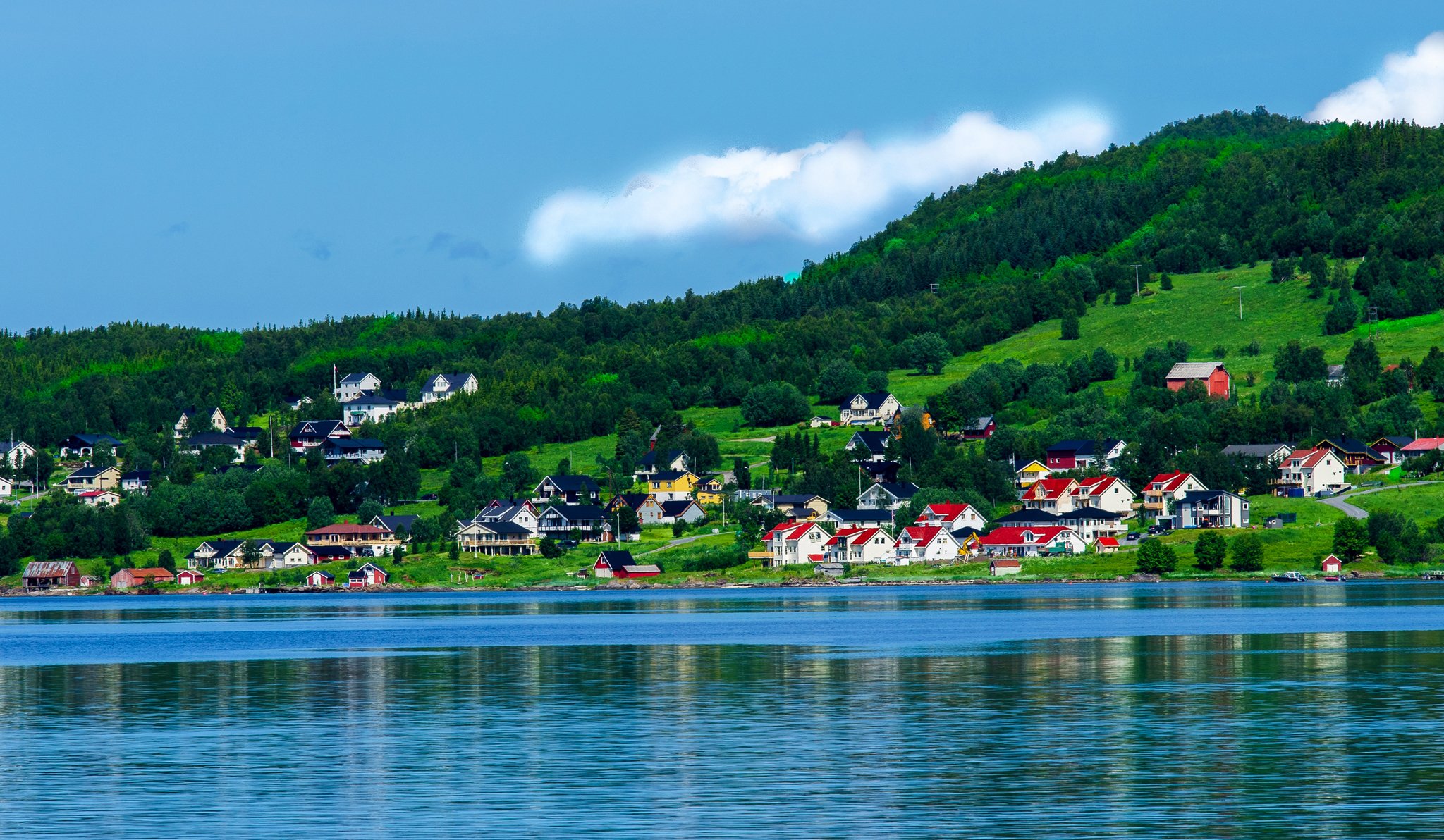 norvegia baia case cielo nuvole alberi montagne colline