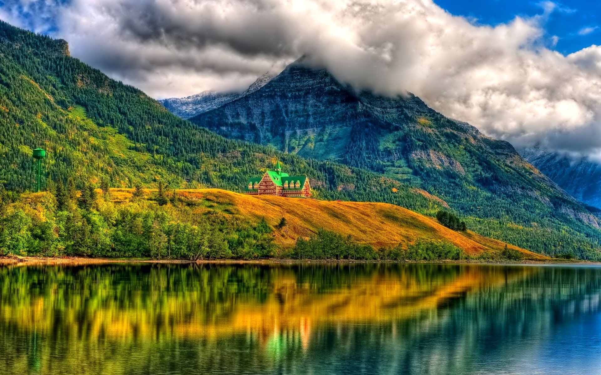 ky clouds mountain lake house slope forest tree reflection