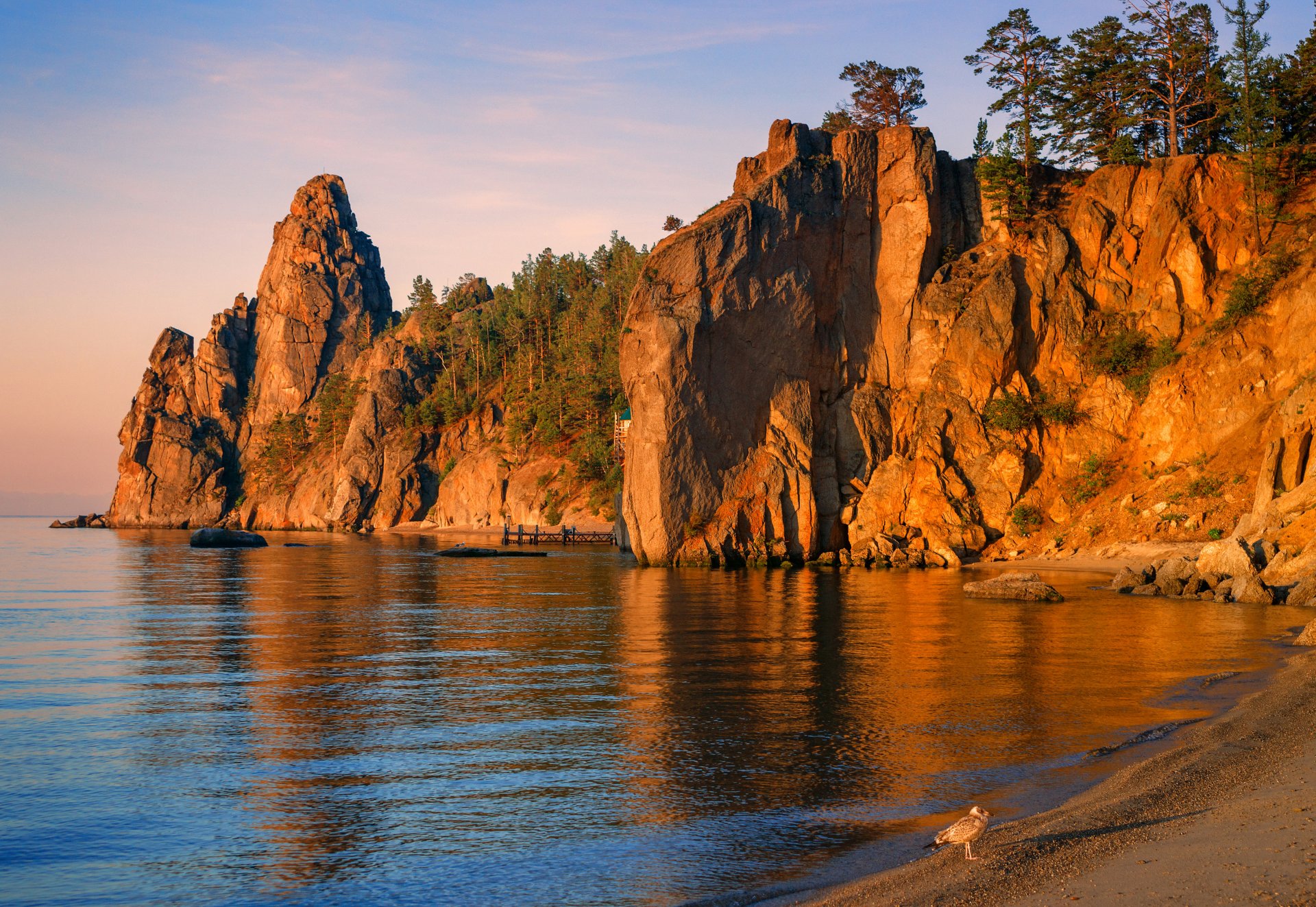 russia lake baikal rock tree beach pier poultry sunset