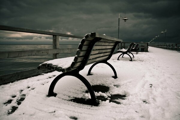 Landscape benches on the sea in the snow