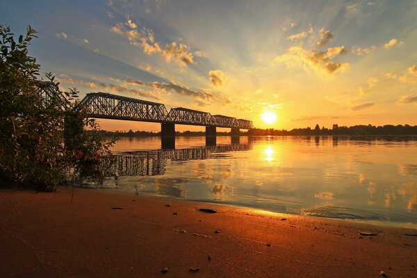 Bridge on the Volga River at dawn