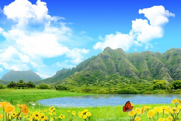 Summer landscape of the lake at the foot of the mountains