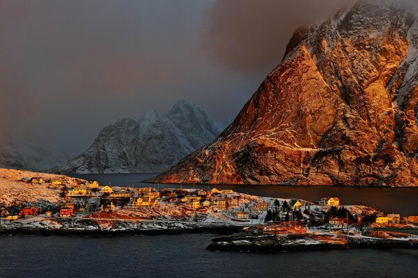 Houses in Norway on the background of mountains