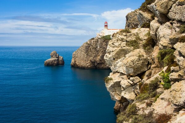 Lighthouse on a plateau in the Atlantic Ocean