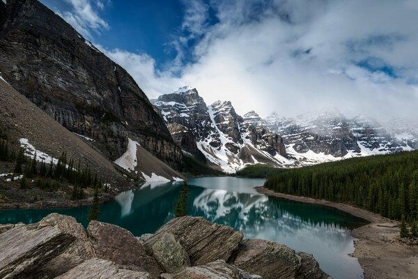 Mountain valley of ten peaks with a clear lake