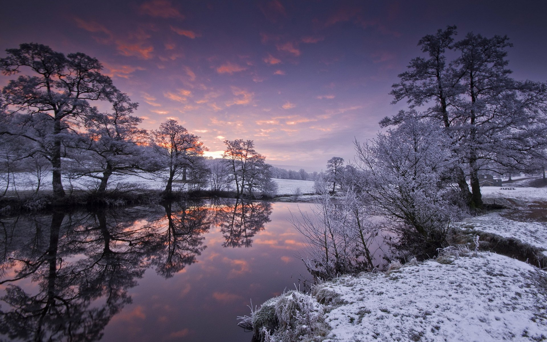 río invierno puesta de sol paisaje