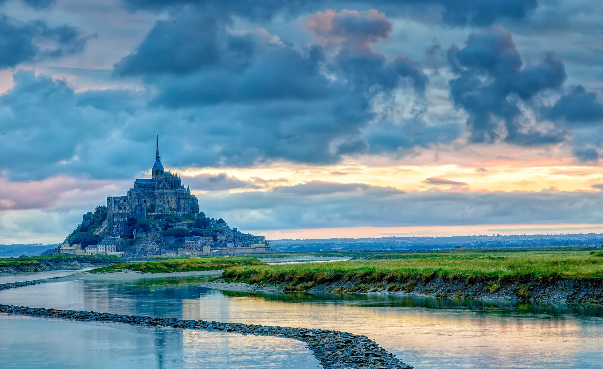 mont-saint-michel normandy france castle island sky clouds sea