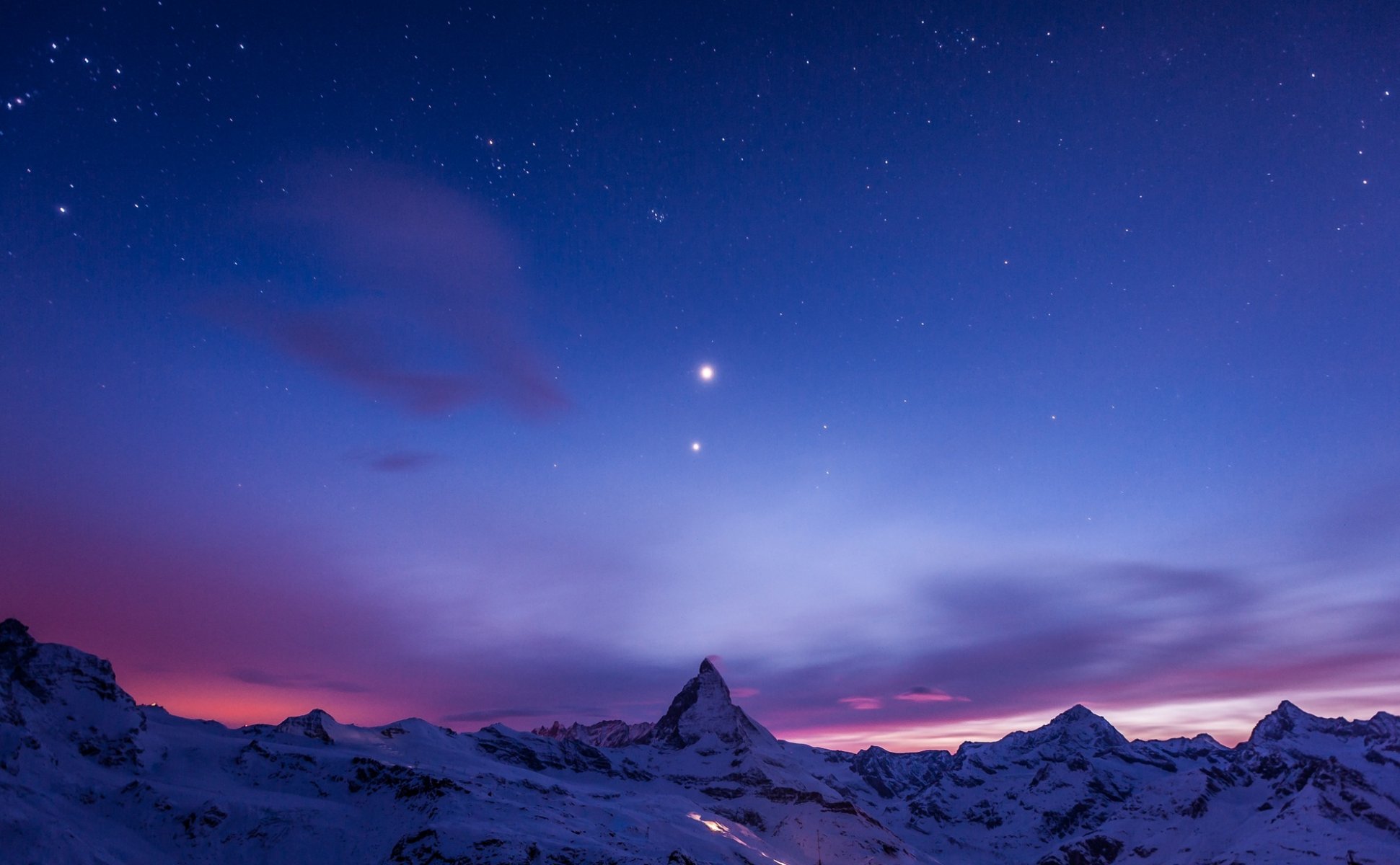 cervin montagnes neige nuit crépuscule ciel étoiles