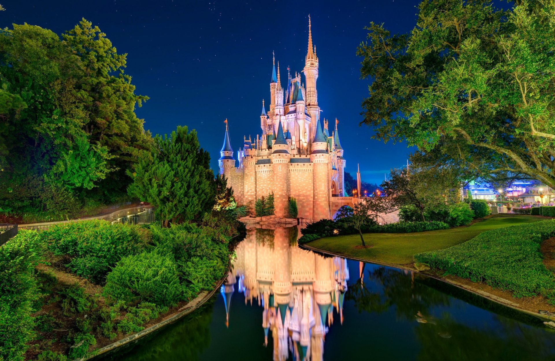 disneyland zamek kopciuszka usa orlando niebo gwiazdy park drzewa rzeka