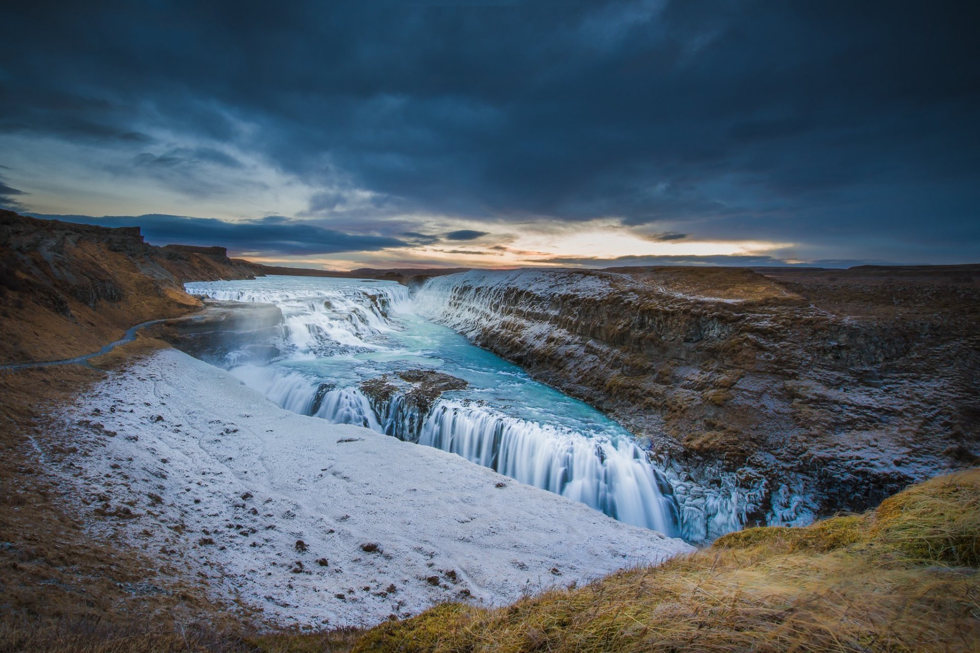 iceland river hvítá sky clouds sunset waterfall