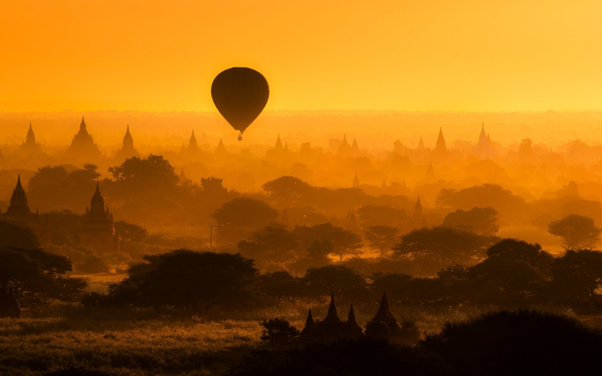 bagan myanmar balloon architecture temple tree silhouette