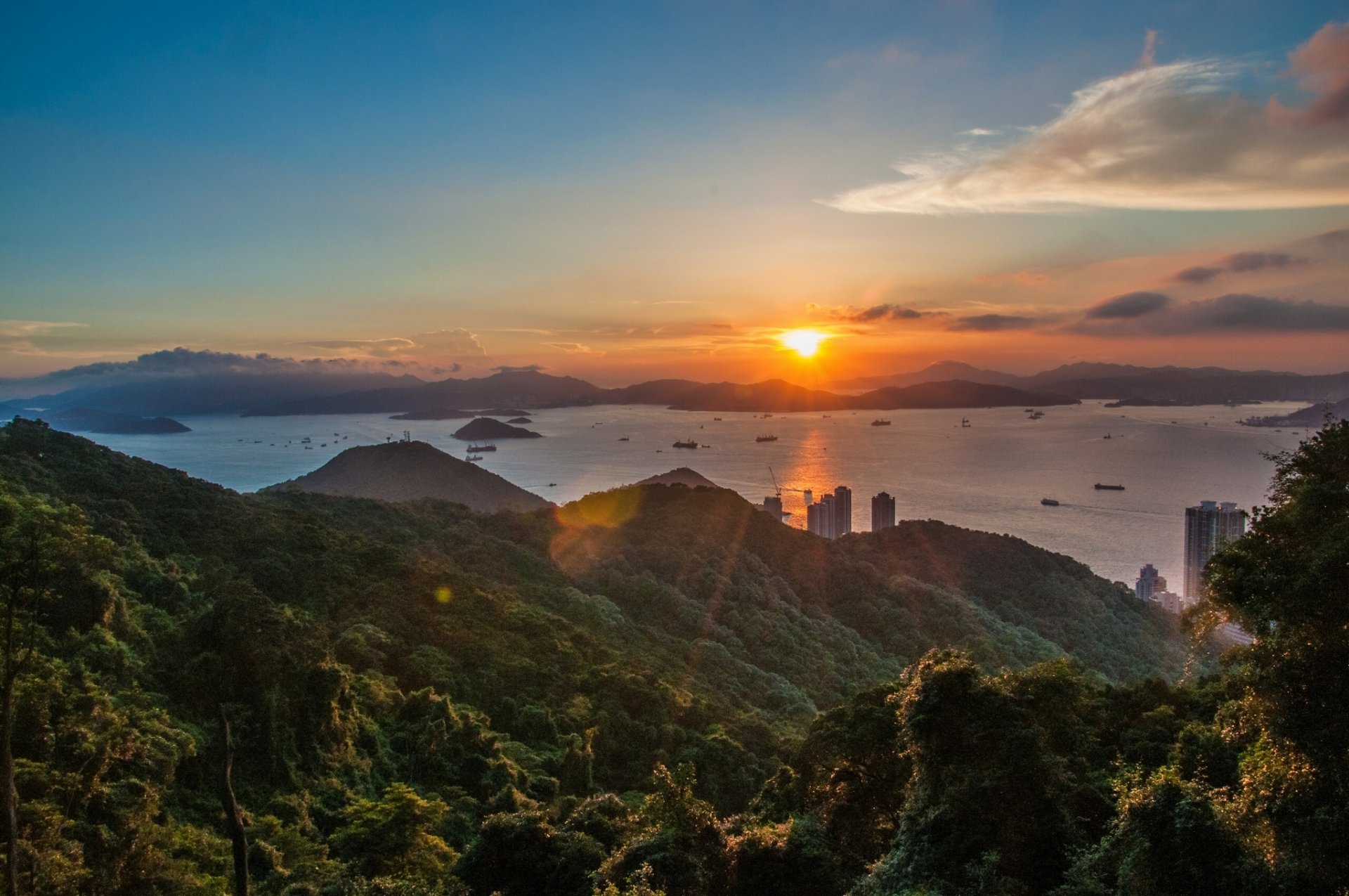 qianshuiwan hong kong bahía de ripals puesta de sol panorama colinas islotes