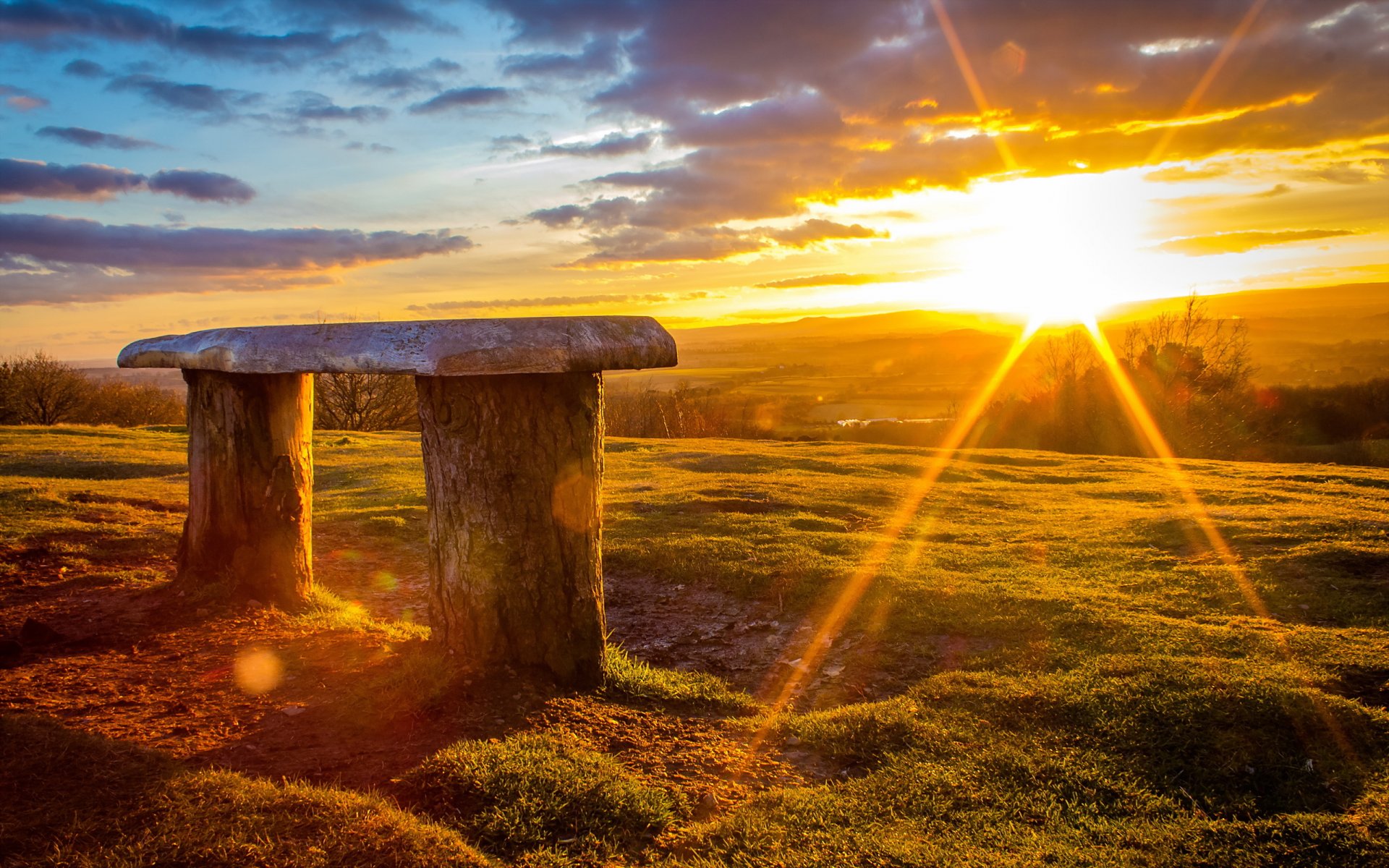 sonnenuntergang bank landschaft