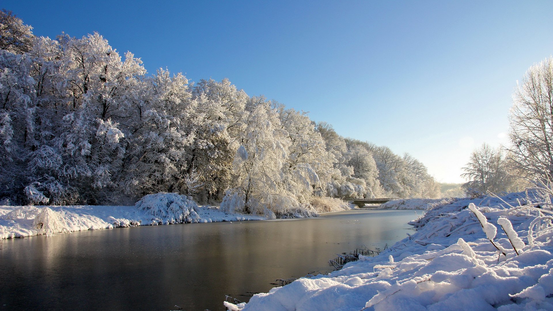 invierno río árboles nieve