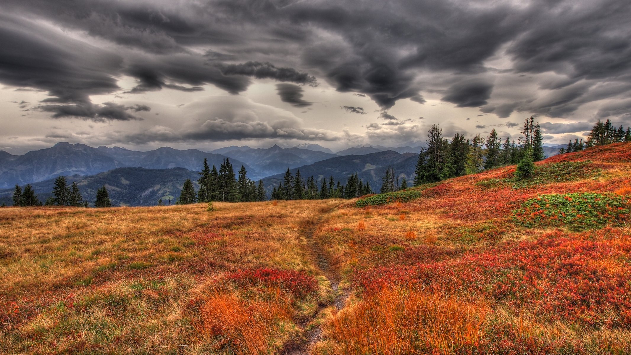 mountain autumn grass yellow dry path trail track clouds rain