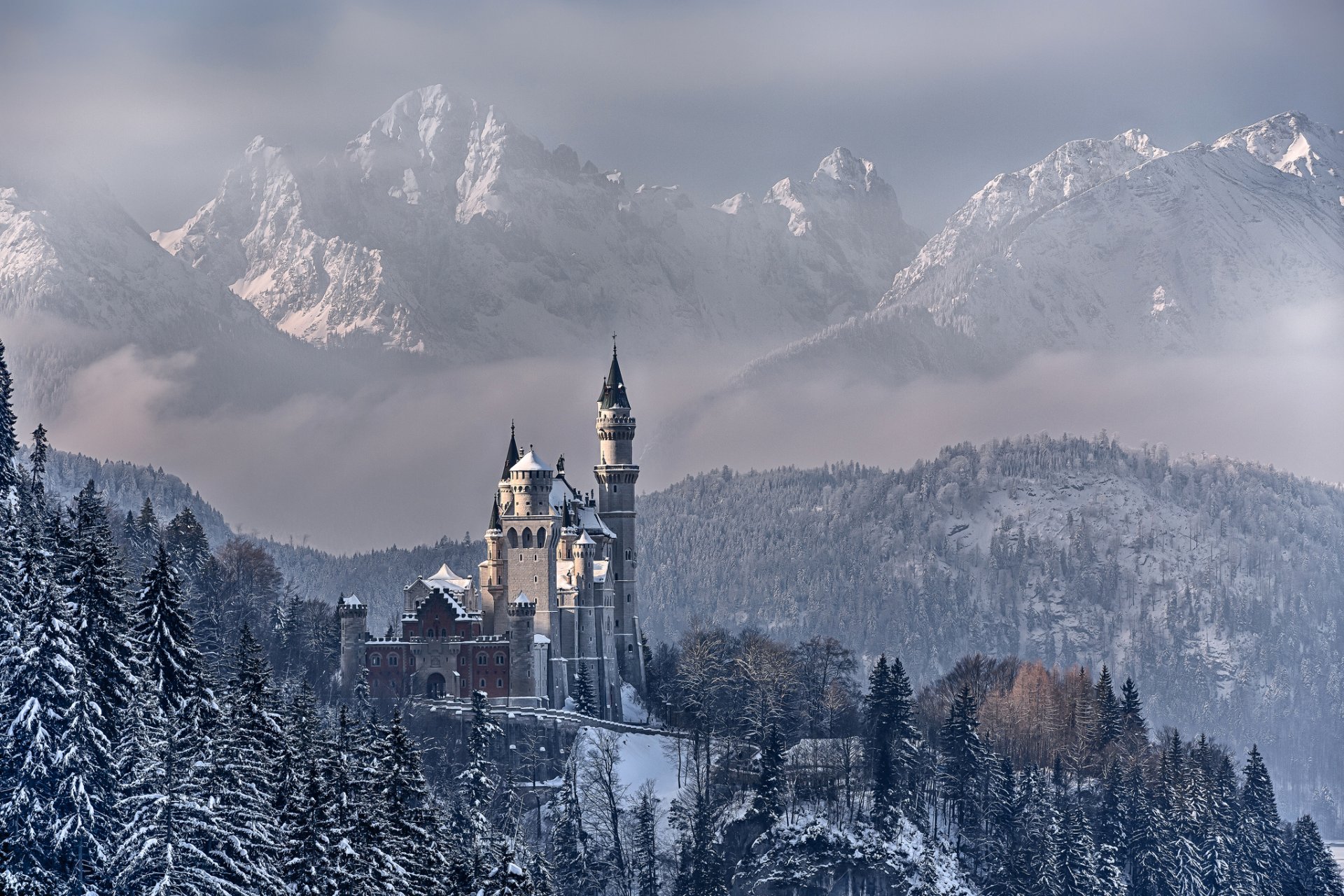 niemcy bawaria zamek neuschwanstein niebo chmury góry drzewa śnieg zima