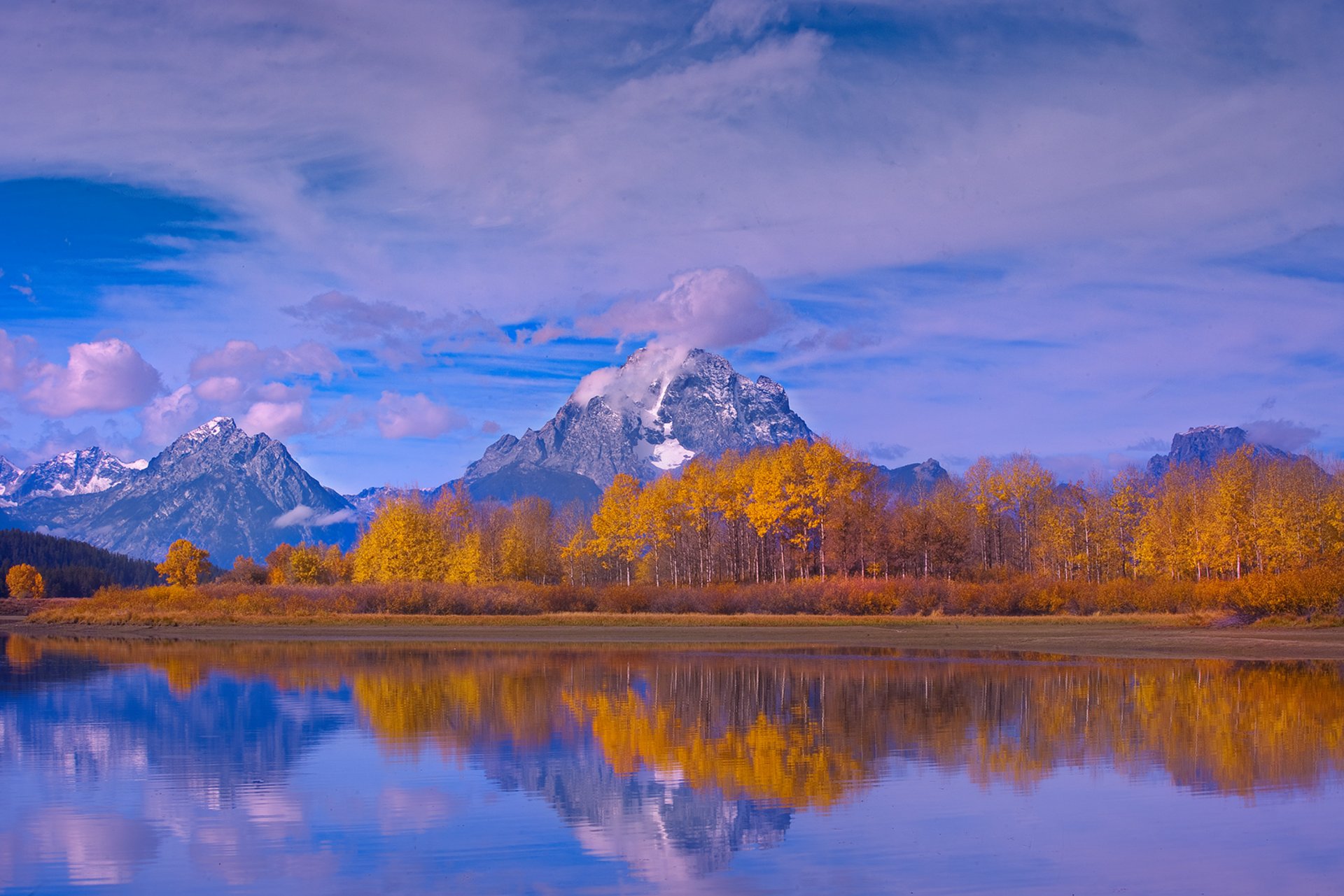 ky clouds mountain snow tree autumn lake reflection nature