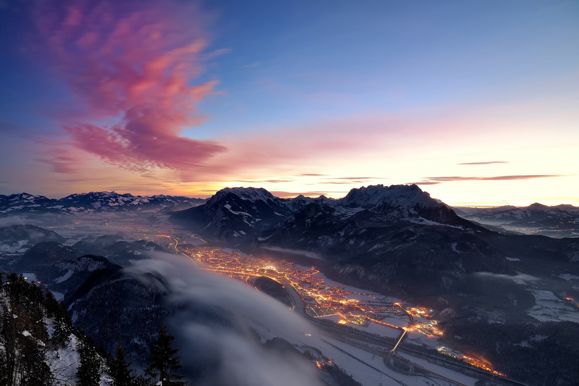 winter mountain alps snow night valley town light