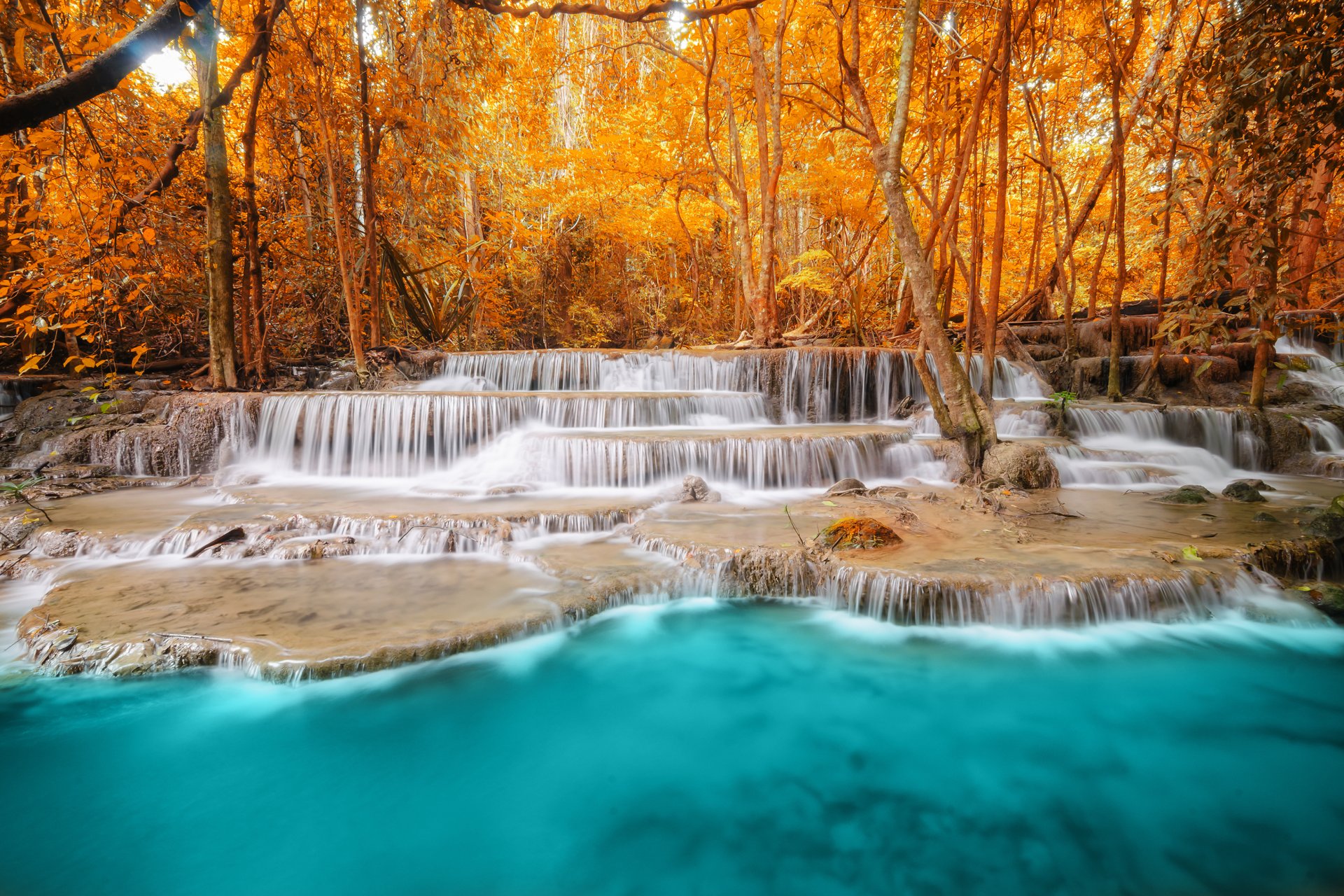 natura foresta alberi fiume cascata acqua blu autunno paesaggio