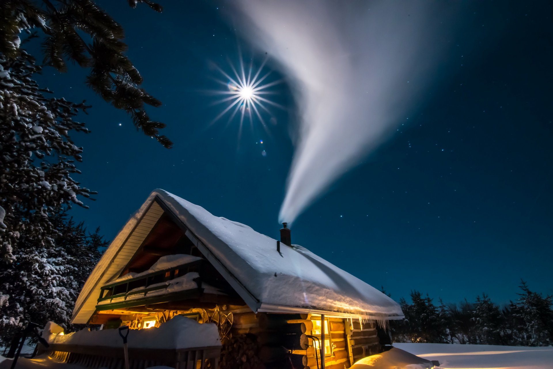 maison nuit fumée paysage hiver