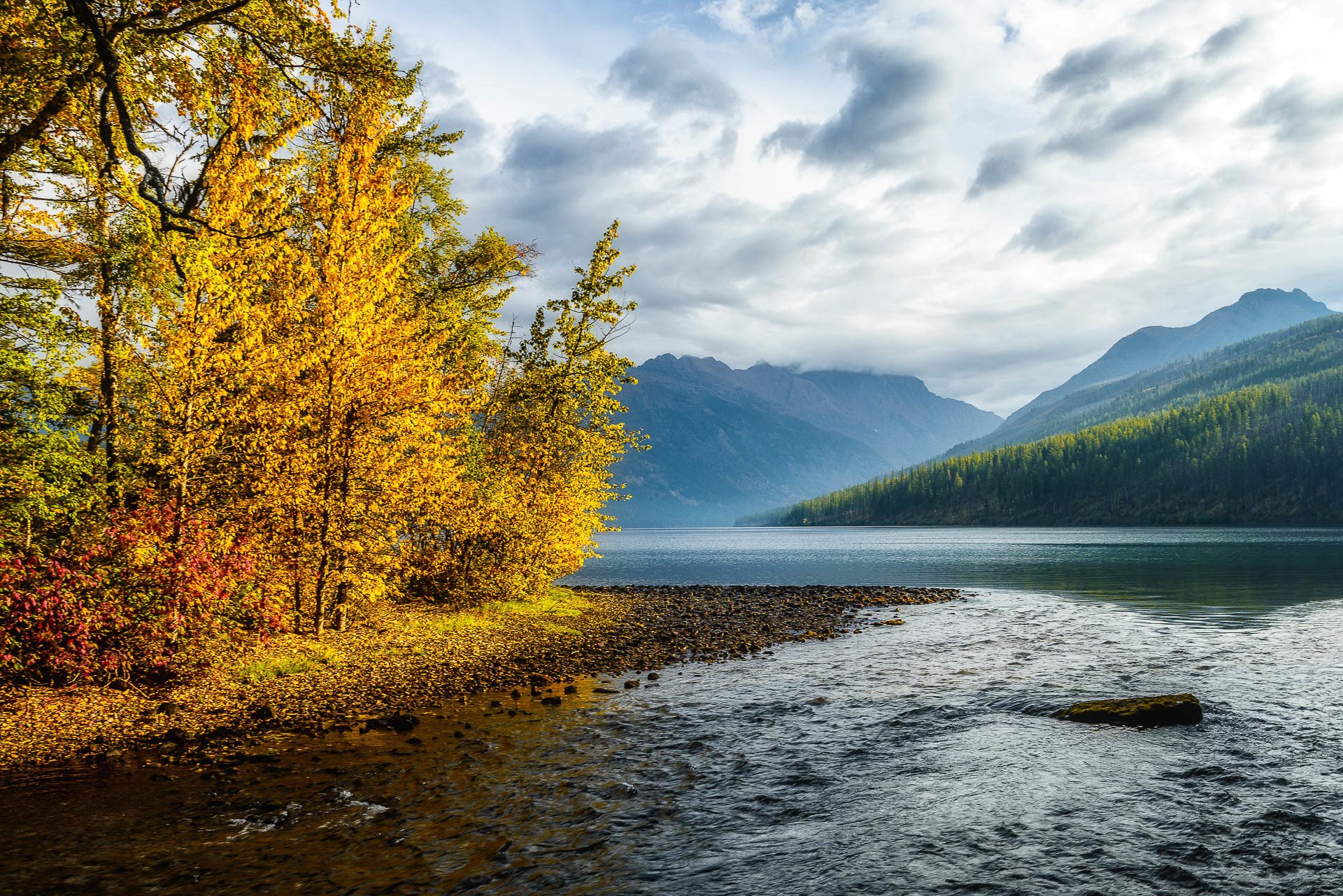 nature mountains sky clouds river water forest park trees leaves colorful autumn fall colors walk