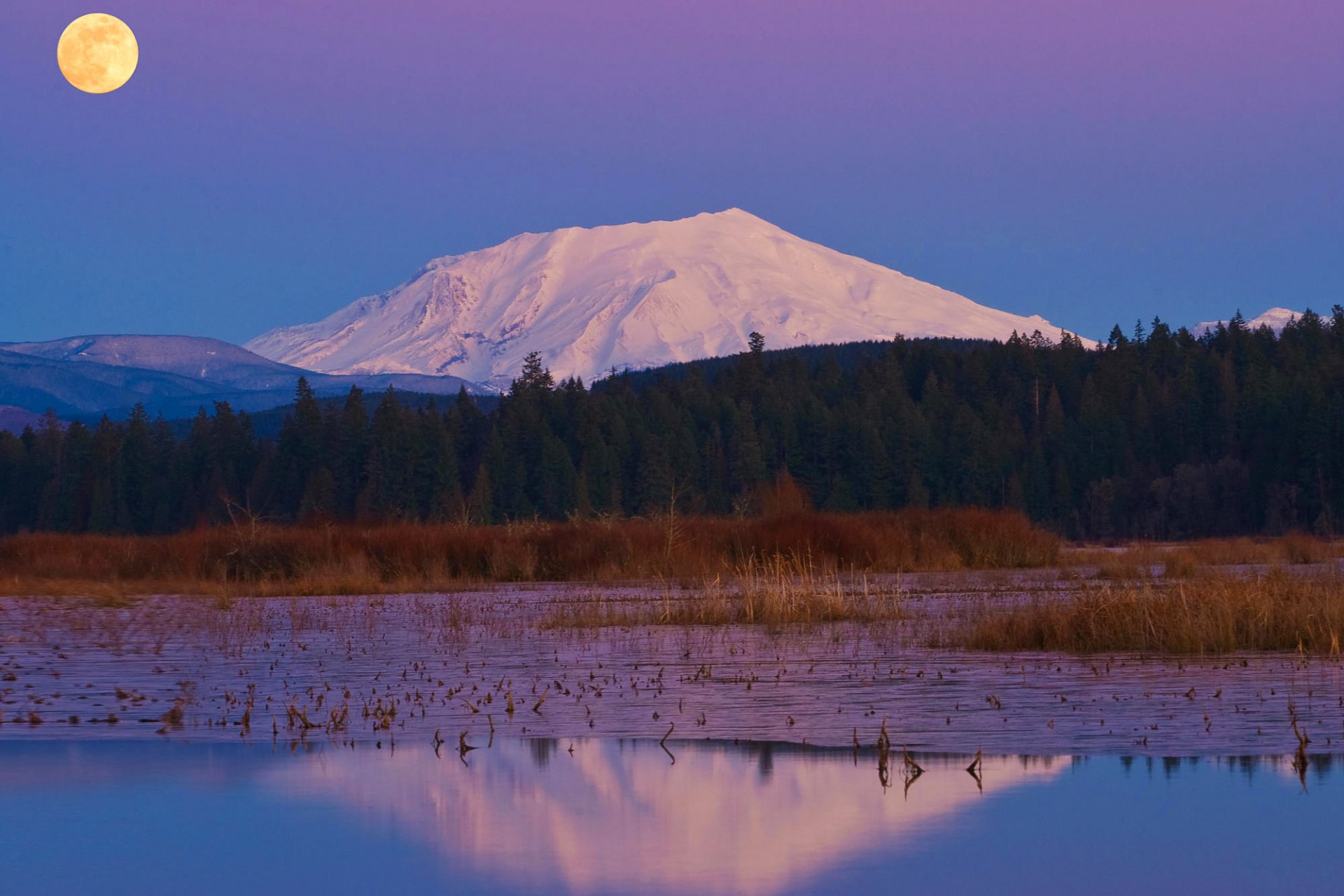 sera cielo luna luna piena montagna neve foresta alberi fiume riflessione natura