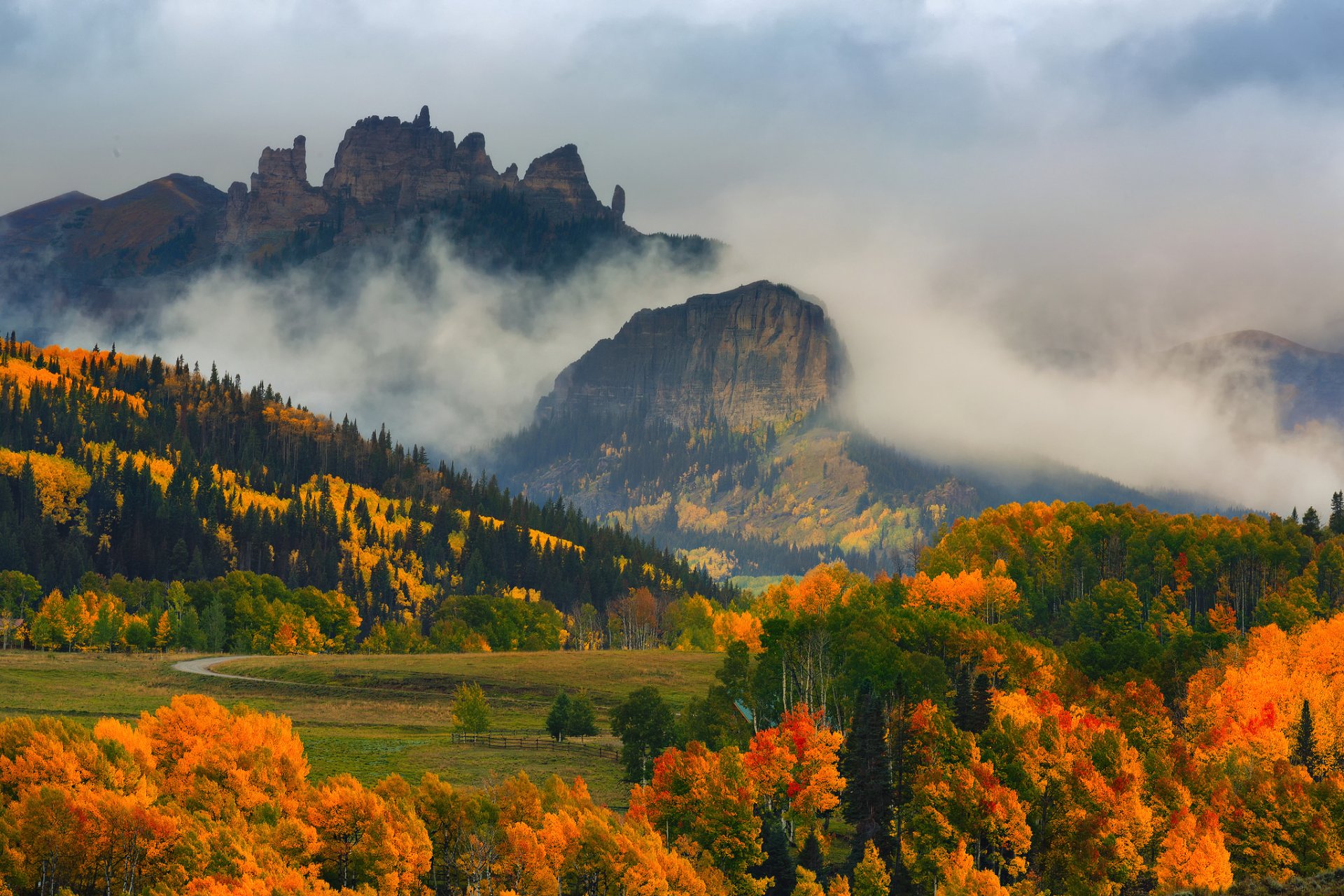 stati uniti stato colorado montagne autunno nebbia alberi foresta vernice