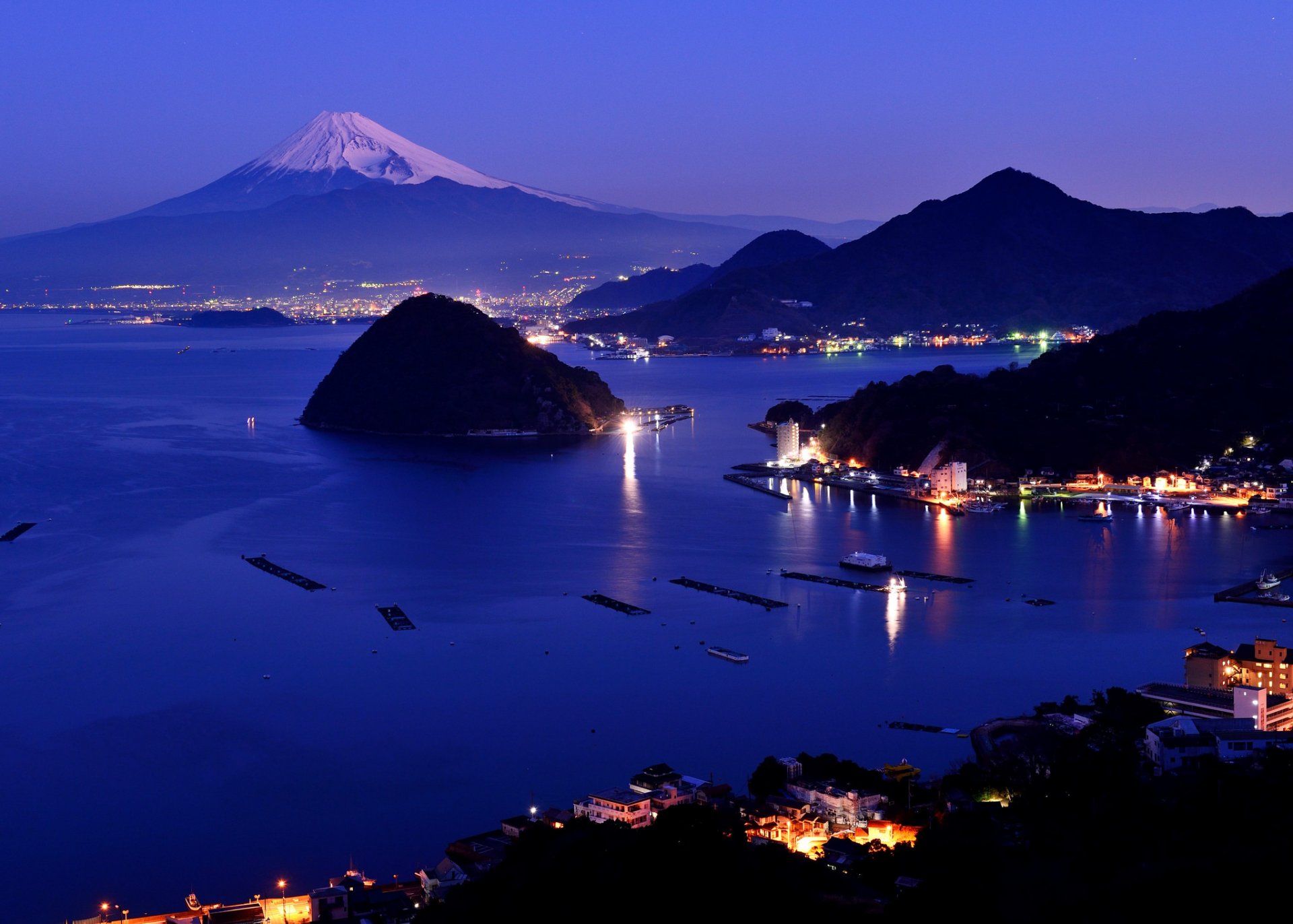 noc światła miasto japonia góra śnieg fujiyama