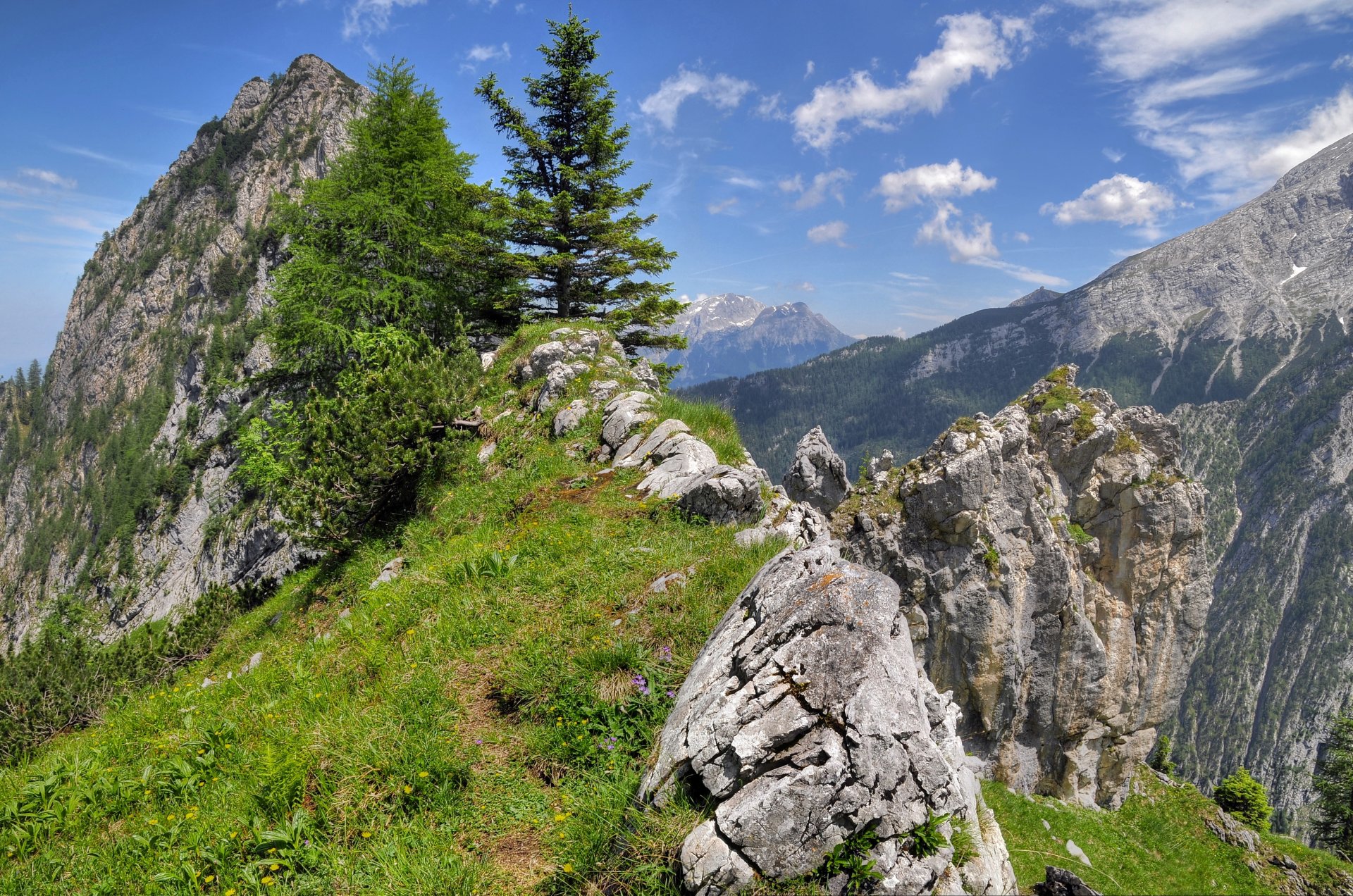 berge bäume gras steine himmel wolken