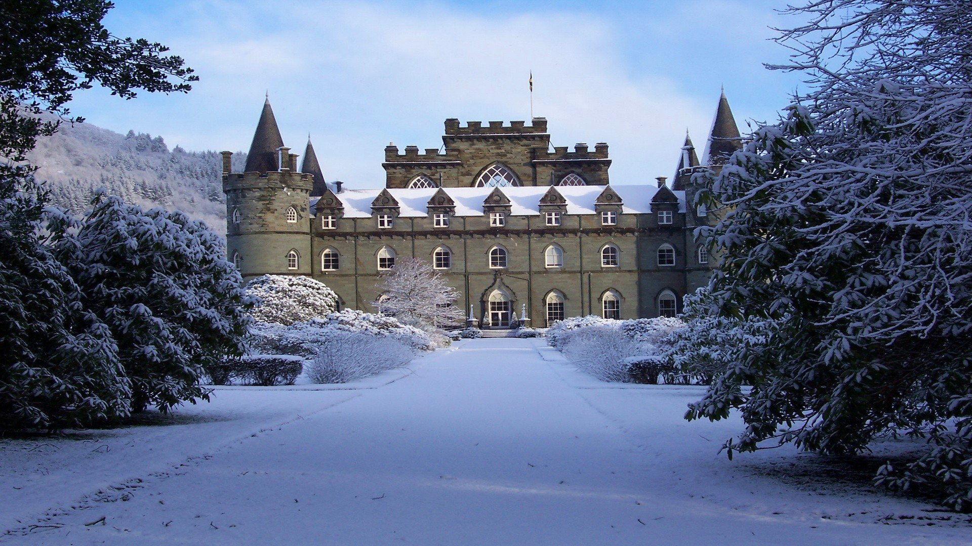 ky clouds park winter snow tree castle tower