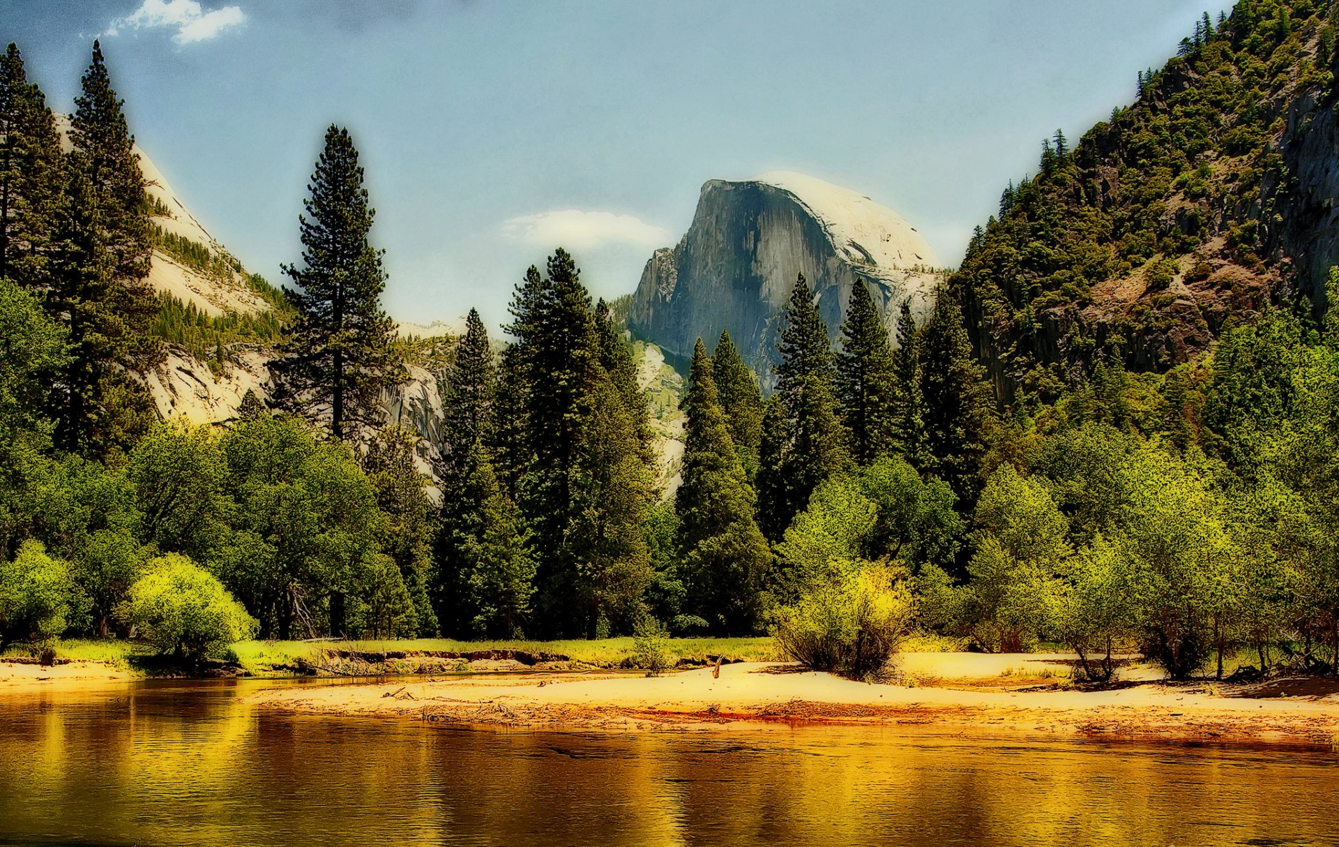 yosemite park narodowy sierra nevada merced rzeka góry rzeka las drzewa niebo chmury skała