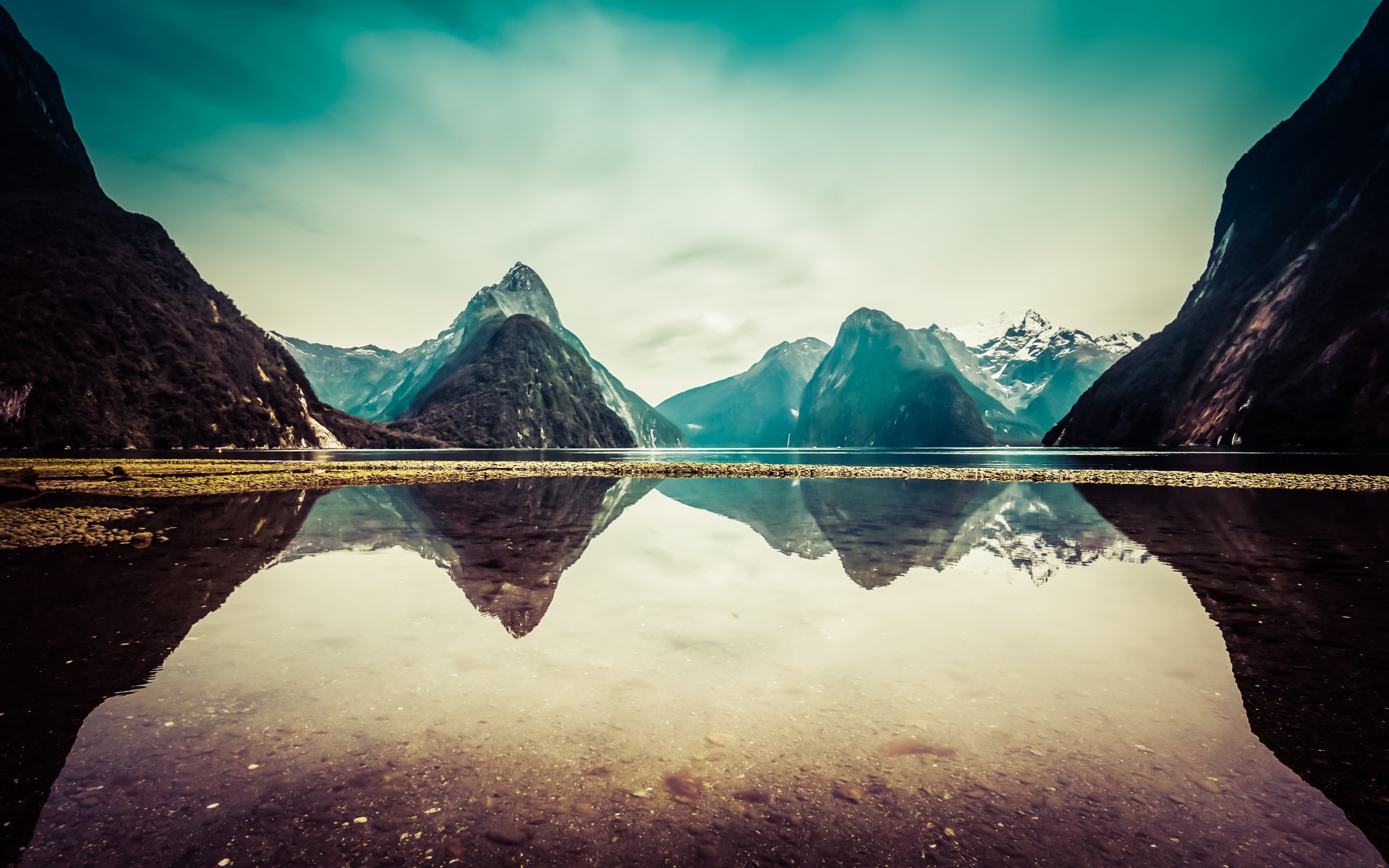 milford sound new zealand lake reflection clouds snow mountains mountain