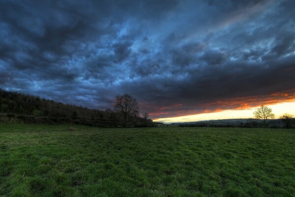 Der Himmel in der untergehenden Sonne. Das Feld