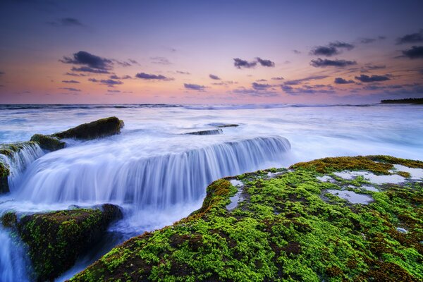 Waterfall green grass sky pink stripe