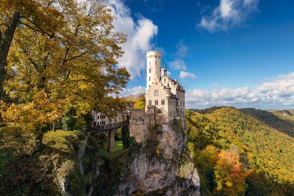 Castillo en el bosque de otoño en la colina