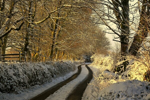 Strada disseminata di prima neve all alba