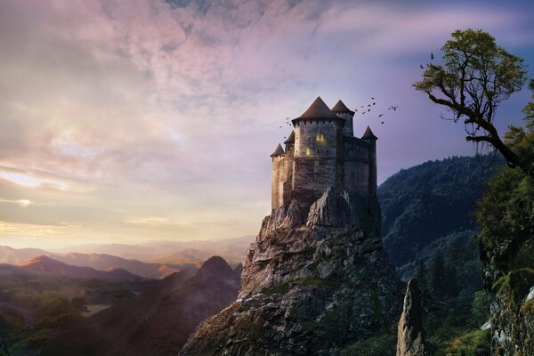 Scénario fantastique sous la forme d un château sur une haute colline