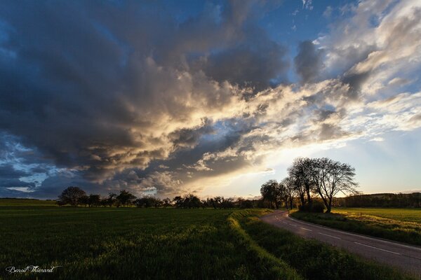 Camino al campo al atardecer