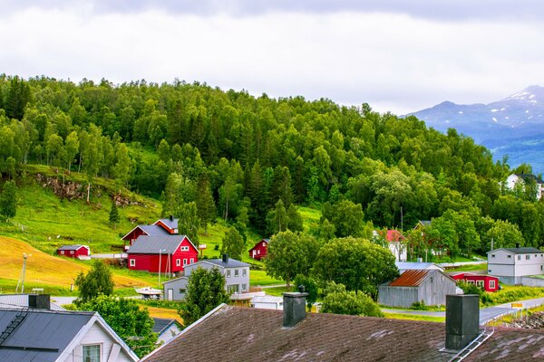 Casas brillantes en la ladera de las montañas en Noruega