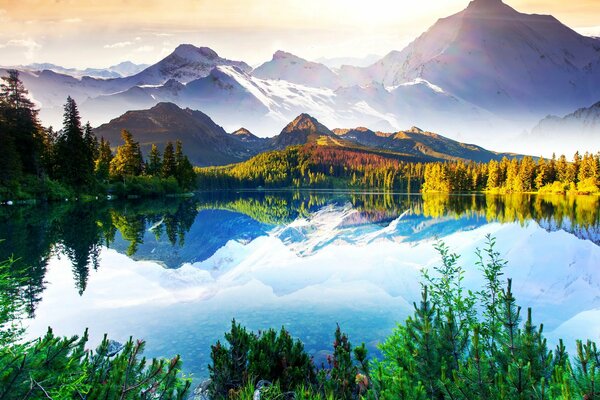 Landscape: mountain peaks and trees are reflected in a clear lake