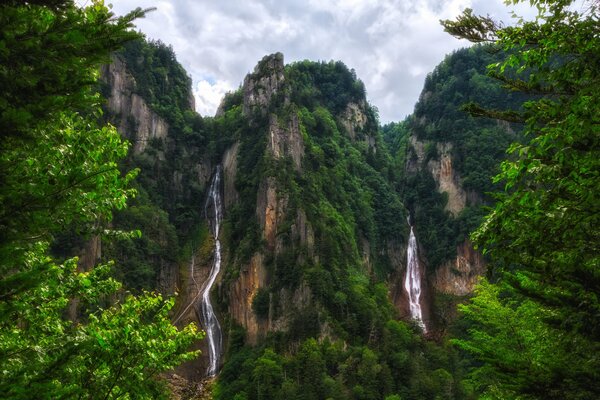 Paesaggio di cascata in Giappone su uno sfondo di alberi