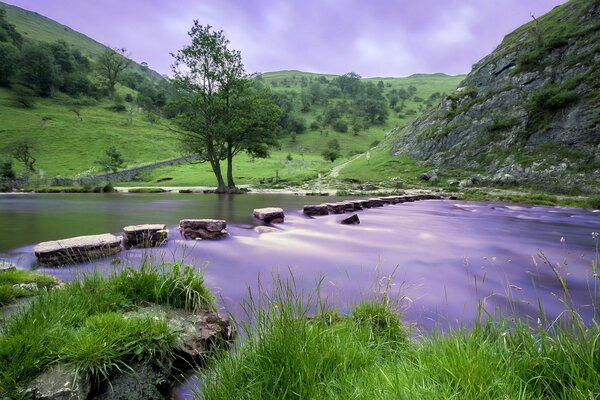 Lilac sky in the reflection of the river